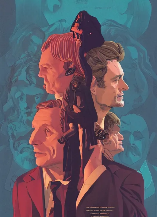 Image similar to poster artwork by Michael Whelan, Bob Larkin and Tomer Hanuka, Karol Bak of portrait of Hugh Dancy & Mads Mikkelsen arm around each other, chaperoning the school dance, from scene from Twin Peaks, simple illustration, domestic, nostalgic, from scene from Twin Peaks, clean