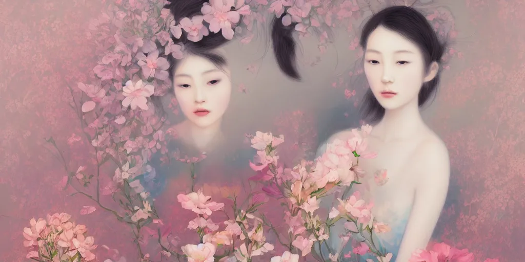 Prompt: breathtaking delicate concept art painting pattern blend of flowers and girls, by hsiao - ron cheng, bizarre compositions, exquisite detail, pastel colors, 8 k