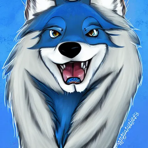 Image similar to furry ( fandom ) art of a cute anthropomorphic white wolf with blue accents and blue eyes, digital art, painting, trending on furaffinity, stylised, adorable