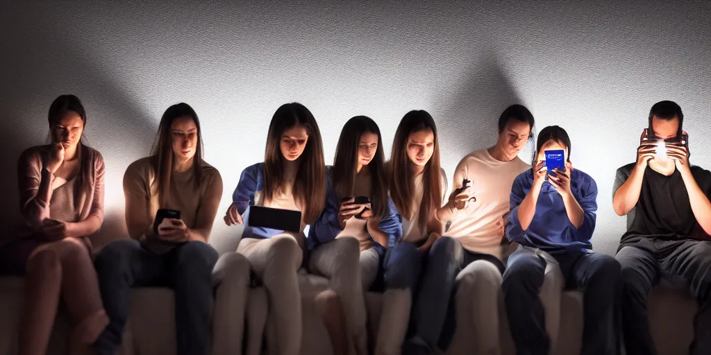 Prompt: group of people in a mostly dark room, illuminated by the screen of their smartphones. dark environment, smartphone camera shot, dslr photograpy, 4K, highly detailed, Nikon d850 55mm. documentation photography.