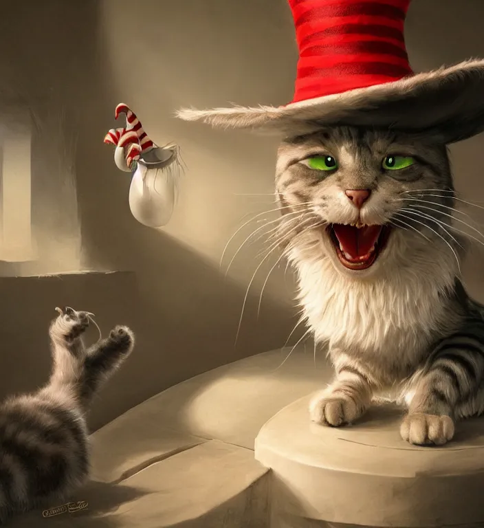 Image similar to complex 3 d render, hyper detailed, ultra sharp, of the cat in the hat, scary, cinematic, natural soft light, rim light, art by greg rutkowski and artgerm and moebius, dr seuss