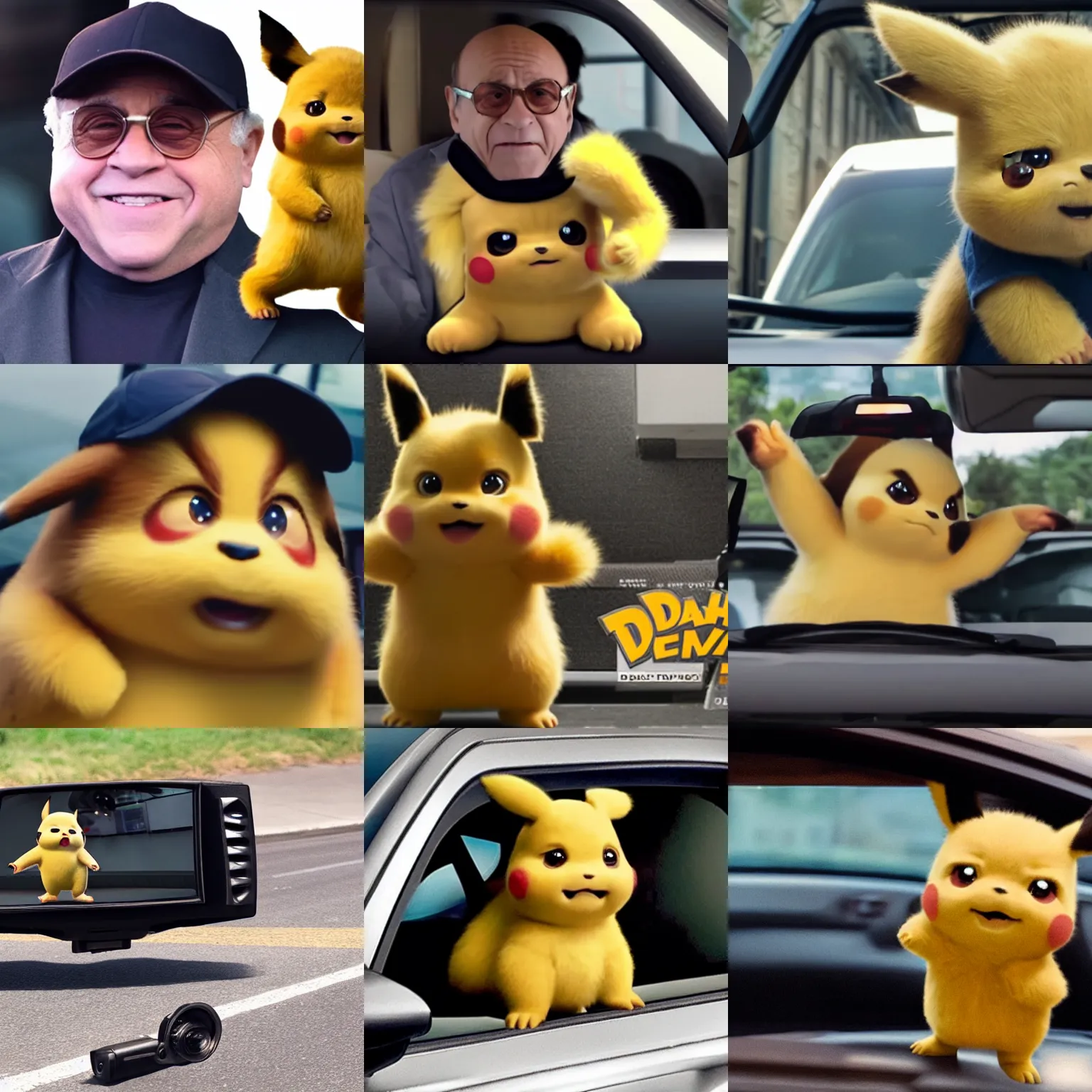 Prompt: dash cam footage danny devito as detective pikachu