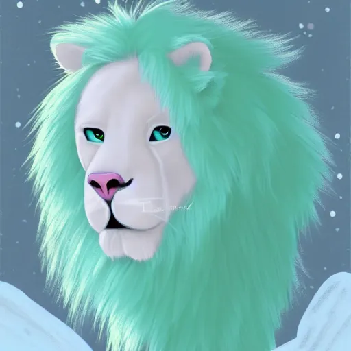 Prompt: aesthetic portrait commission of an albino male furry anthro lion wearing a cute mint colored, cozy, soft pastel winter outfit. winter atmosphere character design by dan volbert.