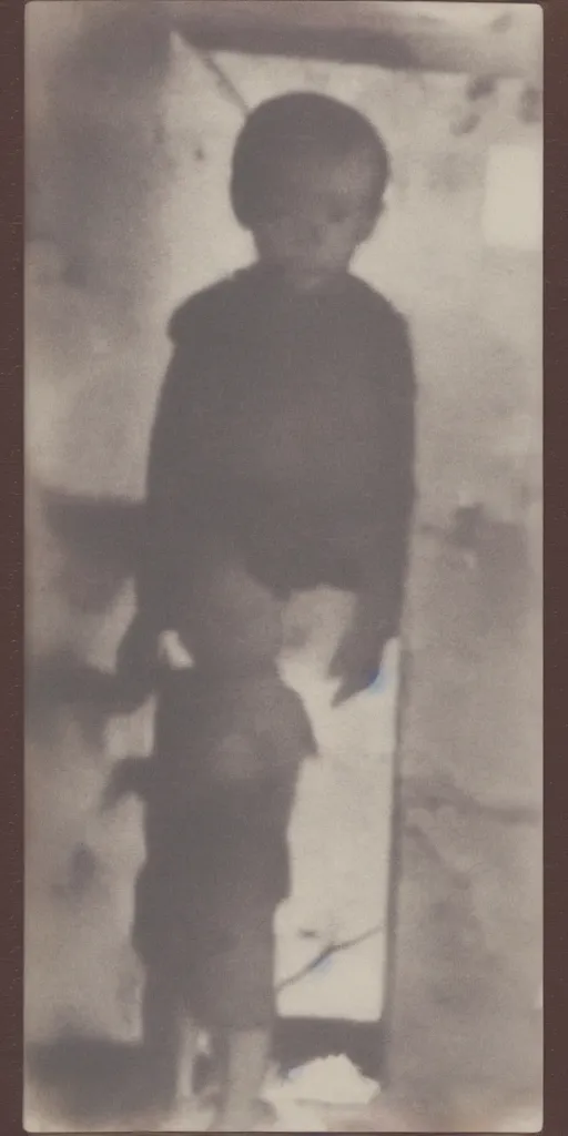Image similar to found polaroid photo of a young boy with a horrifying figure looming behind him in a musty basement, detailed real photo