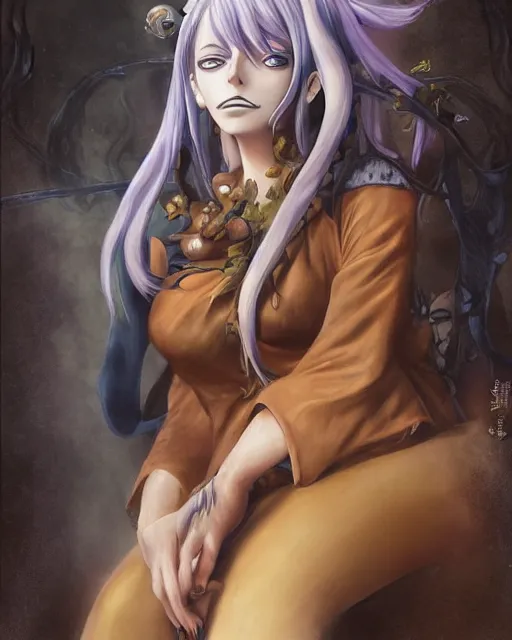 Prompt: beautiful portrait of a Witch who looks like Nami from the One Piece anime character design by Mark Brooks and Brad Kunkle detailed, soft lighting