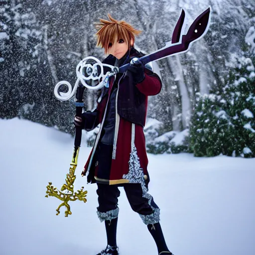 Image similar to of sora cosplay holding keyblade with snow background 85mm