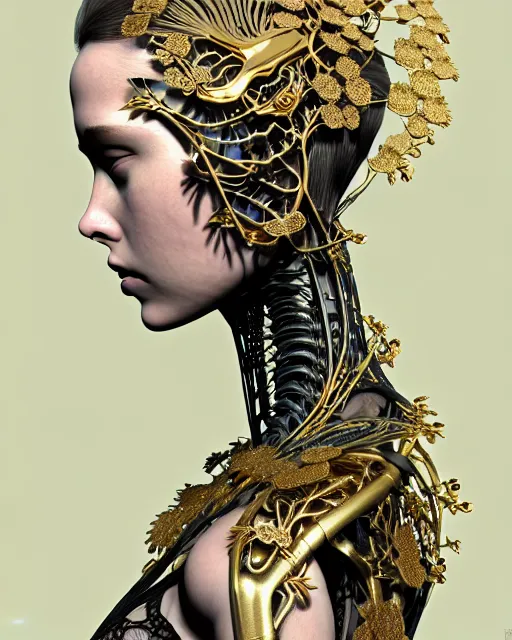 Prompt: uhd 3 d render, stunningly beautiful young teen angelic alluring biomechanical female cyborg with an obsidian profile face, rim light, big floral petals and stems, roots, fine foliage, lace, alexander mcqueen, art nouveau fashion embroidered collar, dieselpunk, gold filigree details, hexagonal mesh wire, ifs reflection, elegant, artstation trending