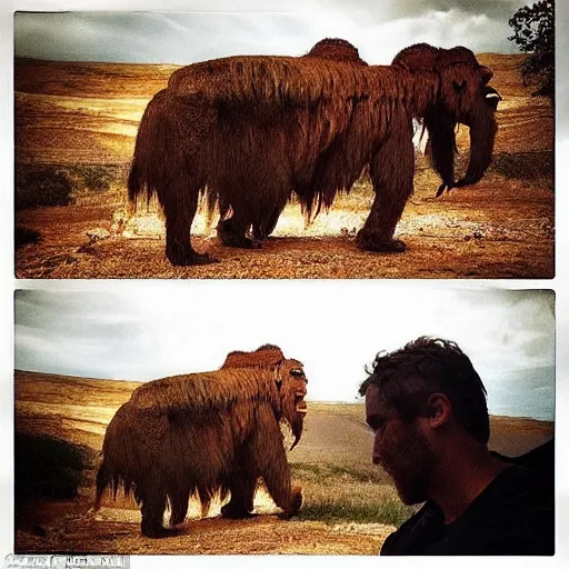 Prompt: “color photo of a Neanderthal with no cloth man taking an iPhone photo of a rusted mammoth on the grill, National Geographic , anthropology photo”