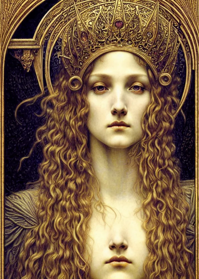 Image similar to detailed realistic beautiful young medieval queen face portrait by jean delville, gustave dore and marco mazzoni, art nouveau, symbolist, visionary, gothic, pre - raphaelite. horizontal symmetry