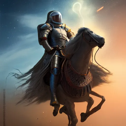 Image similar to centered portrait of the Knight riding a horse in space, realistic character concept, high fantasy, light atmosphere, golden ratio, cinematic lighting, hyperdetailed, high resolution, insanely detailed and intricate, artstation, Marc Simonetti, Greg Rutkowski, octane render, 8k