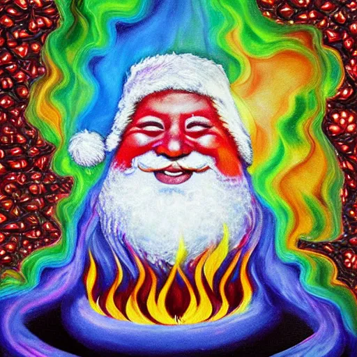 Prompt: psychedelic painting of obese santa claus melting in a burning fireplace, extreme details, sharp, joyful