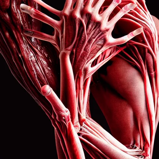 Image similar to female monster with translucent skin, visible muscles and veins and arteries and bones and spine and nerves, beautiful detailed intricate insanely detailed octane render, 8K artistic photography, photorealistic, chiaroscuro, by David Cronenberg, Raphael, Caravaggio