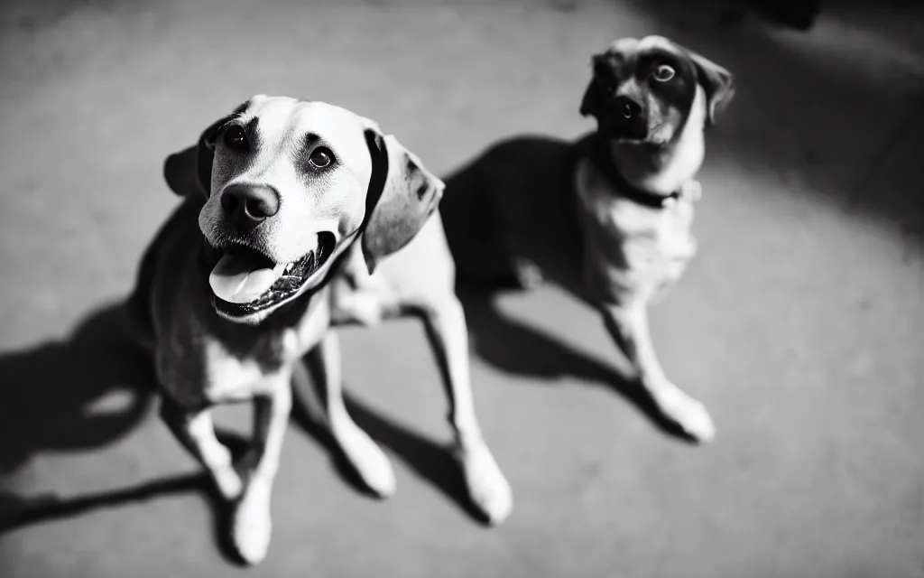 Image similar to a 3 5 mm photo of a dog, sigma 2 4 mm f / 8,, smiling,, sitting, warm lighting, strong shadow, cinematic, realistic,