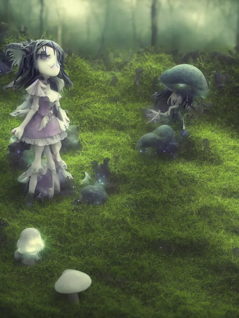 Prompt: cute fumo plush of a gothic maiden girl who is composed of shadows, inverse color, overgrown mystical mushroom forest temple grounds, penumbral shadowcreature, wisps of volumetric vortices of glowing smoke surrounding, long dark tattered umbra, long thick grass, bokeh tilt shift, isometric orthographic, vray