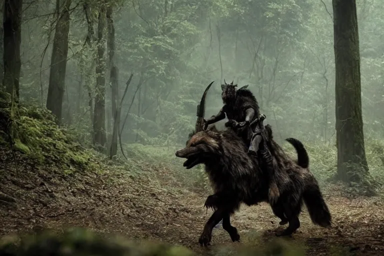 Image similar to vfx movie closeup detailed ancient armored warrior orc hunting riding large wolf in the forest, natural lighting by emmanuel lubezki