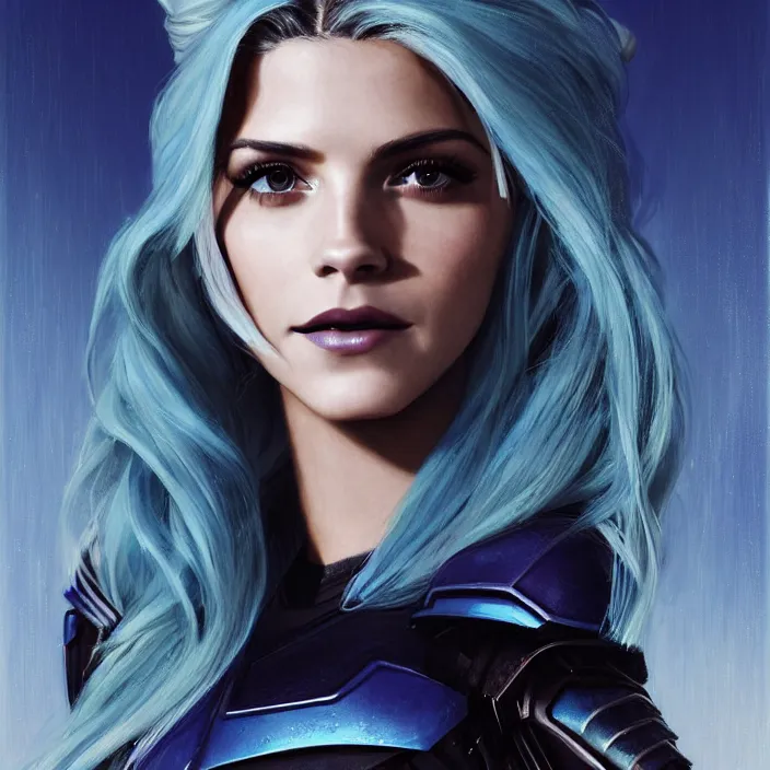 Image similar to portrait of a combination of Ashley Greene, Katheryn Winnick, Victoria Justice, Adriana Dxim, Grace Kelly and Emma Watson with blue hair wearing Interceptor's armor from Anthem, countryside, calm, fantasy character portrait, dynamic pose, above view, sunny day, thunder clouds in the sky, artwork by Jeremy Lipkin and Giuseppe Dangelico Pino and Michael Garmash and Rob Rey and Greg Manchess and Huang Guangjian, very coherent asymmetrical artwork, sharp edges, perfect face, simple form, 100mm