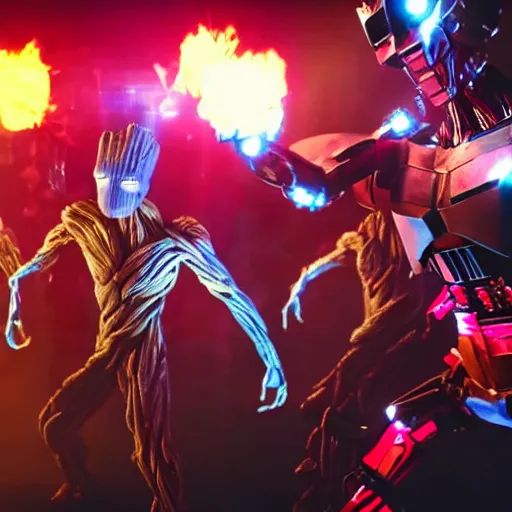 Image similar to groot and optimus prime dancing at techno party among people, wide shoot, after effect, ultra realistic