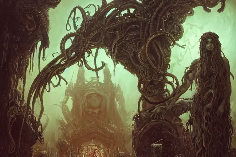 Prompt: a lovecraftian painting of a demonic shrine, occult, moster summoning, warlocks ritual, cosmic horror elements, ultra realistic, concept art, intricate details, eerie, highly detailed, photorealistic, octane render, 8 k, unreal engine. art by artgerm and greg rutkowski and alphonse mucha