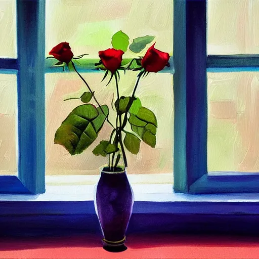 Image similar to A painting of a windowsill with two vases. One vase containing a red rose. And the other vase containing a blue violet. The natural light from the window would be shining in on the scene. Trending on artstation