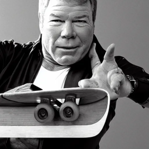 Prompt: william shatner with no limbs on a skateboard in miami