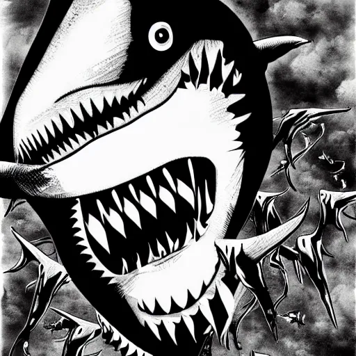 Image similar to Sharknado in the style of junji ito, horror, manga, shark, complex