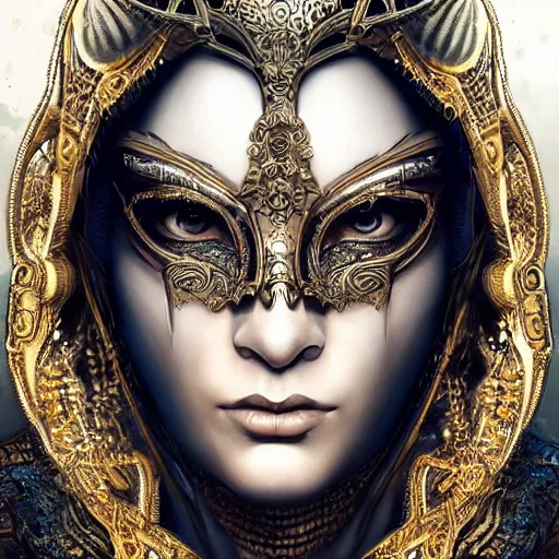 Image similar to Very very very very highly detailed epic photo of full face with beautiful ornamental venetian mask, intricate, dystopian, sci-fi, extremely detailed, digital painting, artstation, concept art, smooth, sharp focus, illustration, intimidating lighting, incredible art by Artgerm and Vincent di Fate and Anton Pieck