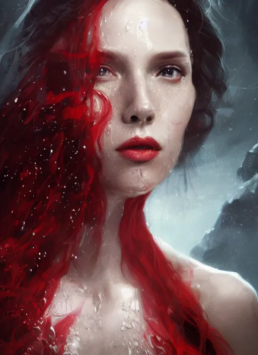 Image similar to A fancy portrait of the Scarlet Witch with her head submerged in water by Greg Rutkowski, Sung Choi, Mitchell Mohrhauser, Maciej Kuciara, Johnson Ting, Maxim Verehin, Peter Konig, Bloodborne, 8k photorealistic, cinematic lighting, HD, high details, dramatic, atmospheric , trending on artstation