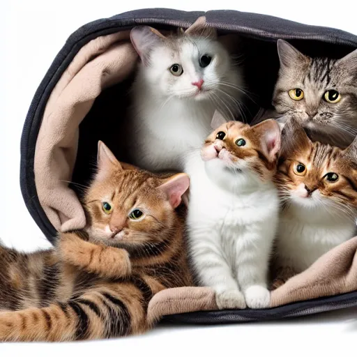Image similar to a highly detailed photo of multiple furry cats inside a big bag, white background, studio lighting, 4 k, 8 k