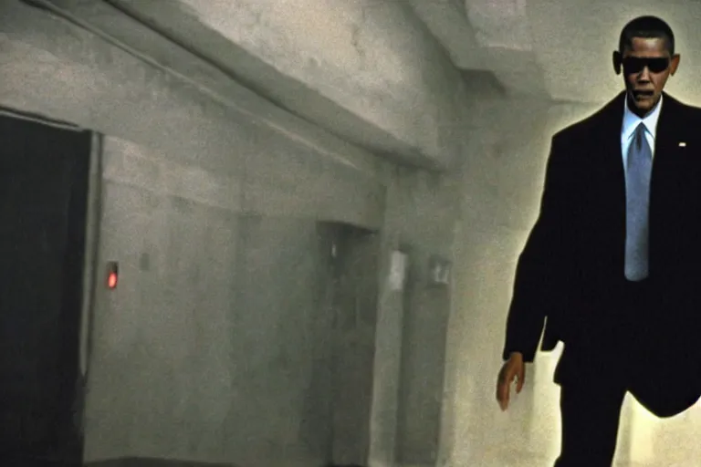 Image similar to a film still of Barack Obama in The Matrix (1999), dramatic lighting