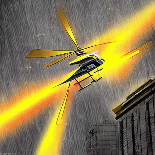 Image similar to helicopter on fire flies into the building, yellow colors, digital art