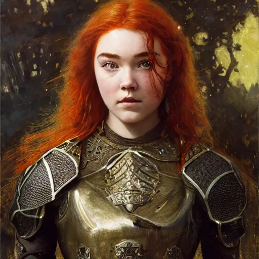 Prompt: young redheaded florence pugh, wearing black ornamented medieval armour, detailed, by gaston bussiere, bayard wu, greg rutkowski, giger, maxim verehin, greg rutkowski, masterpiece, sharp focus,