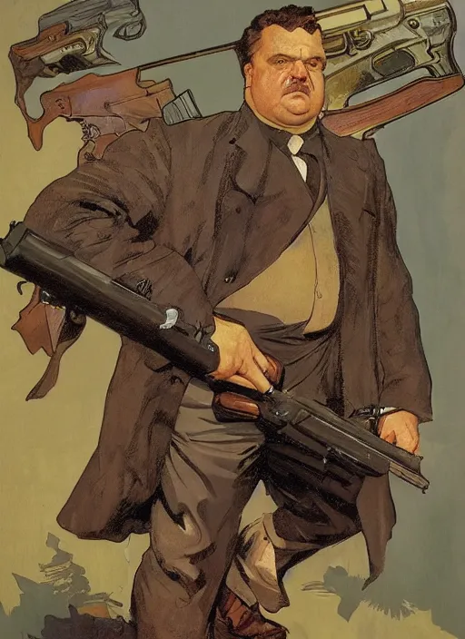 Image similar to gk chesterton as a hero with muscles and a shotgun. portrait by james gurney and craig mullins and alphonso mucha. realistic face. expressive face.