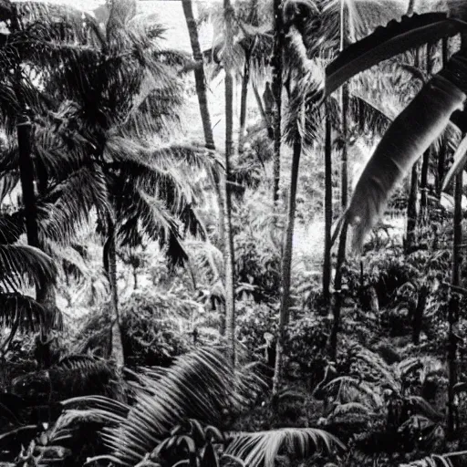 Image similar to lost film footage of a sacred object in the middle of the tropical jungle / film still / cinematic / enhanced / 1 9 2 0 s / black and white / grain