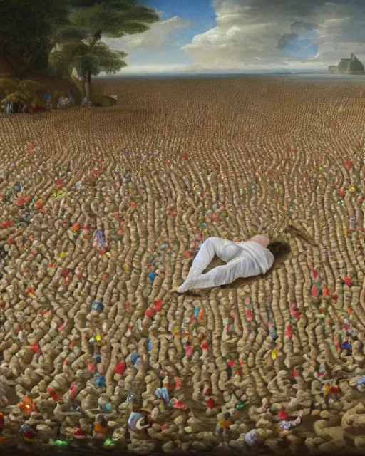 Image similar to the body of gulliver, a young man from the early 1 7 th century, lies unconscious on a lilliputian beach, surrounded by thousands of tiny lilliputians wearing strange clothes. gulliver is dressed in early 1 7 th century male clothing designed in the style of sandy powell. hyperreal and cinematic, trending on artstation, gulliver ’ s travels