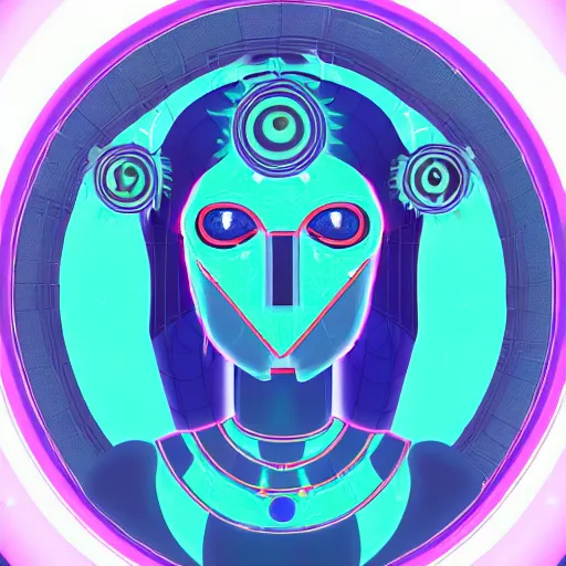 Prompt: portrait of a future metaverse cyborg tech shaman warrior, 2D cartoon, flat cartoony, visionary art, symmetric, Magick symbols, holy halo, shipibo patterns, sci-fi, adventure time character style