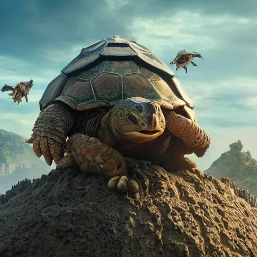 Image similar to gargantuan tortoise with a large fantasy castle armor walking through a sandy wasteland, distant shot centered birds eye view, fantasy, hyper detailed, 4 k, howls moving castle, mortal engines