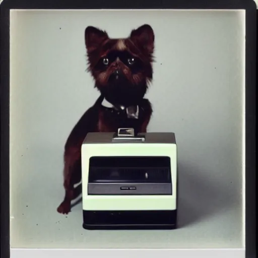 Image similar to a polaroid photo of a a computer with a pet human