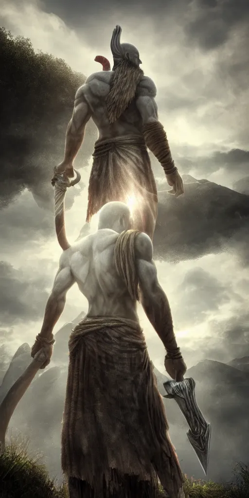 Prompt: a lonely god of war standing tall on a hill, photorealism, sunshaft, greek mythology