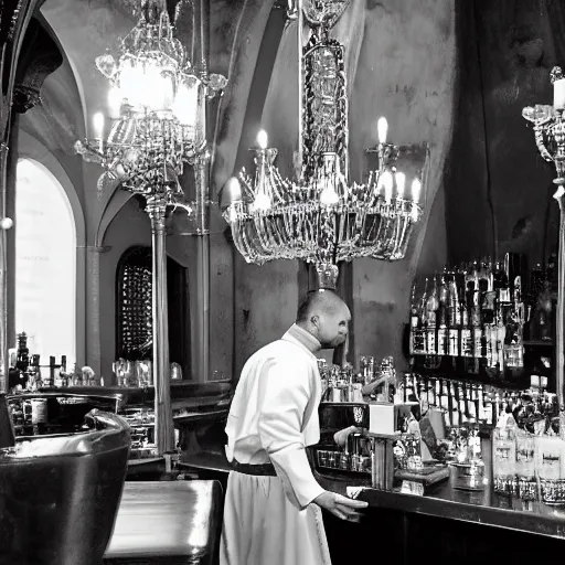Prompt: Bar - Church, Bartender monk in cassock prepares a cocktail, people drink cocktails, Iconostasis in the bar, Church chandelier