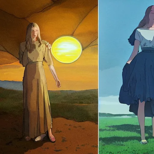 Prompt: Elle Fanning in the painted world of Studio Ghibli and Bruce Pennington, head and shoulders masterpiece, apocalypse, golden hour, cosmic horror, artstation, in the style of Andrew Wyeth and Edward Hopper and Bosch, extremely detailed