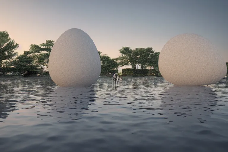 Image similar to white egg spaces of different sizes intersect and combine to form coral like buildings. on the calm lake surface, people's perspective, future, interior wood, marble, award winning, highly detailed 4 k art, dusk, unreal engine highly rendered, global illumination, radial light, internal environment by kazuyo sejima