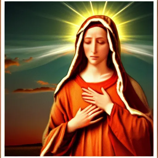 Image similar to a realistic digital photo of virgin mary as sunset clouds