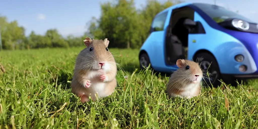 Prompt: a hamster in the prairie happy to ride an electric car