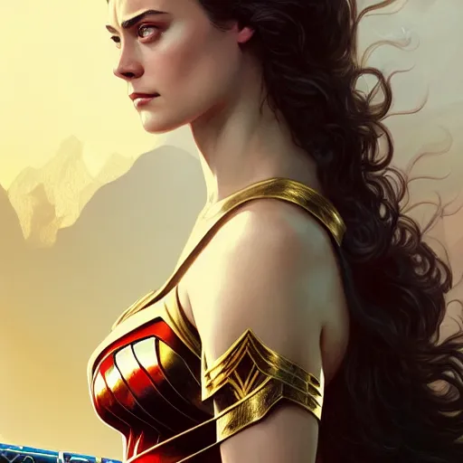 Image similar to Beautiful Kaya Scodelario as Wonder Woman, western, D&D, fantasy, intricate, elegant, highly detailed, digital painting, artstation, concept art, matte, sharp focus, illustration, art by Artgerm and Greg Rutkowski and Alphonse Mucha