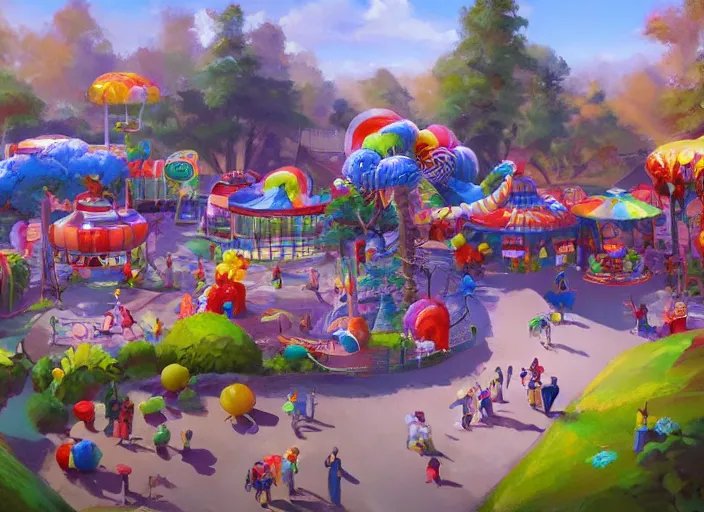 Image similar to candy zoo park for a game candy themed, top angle, oil painting by jama jurabaev, extremely detailed, brush hard, artstation, for aaa game, high quality, brush stroke