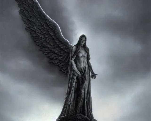 Image similar to hyperrealistic detailed character portrait painting of a statue of an Angel made of grey gray concrete stone with a glowing Halo above its head, atmospheric dark lighting, epic lighting, dark clouds in the sky, very moody, 1980s metal artwork, dystopian feel, heavy metal, in the style of Michael Whelan and Zdzisław Beksiński, hyper detailed, trending on Artstation