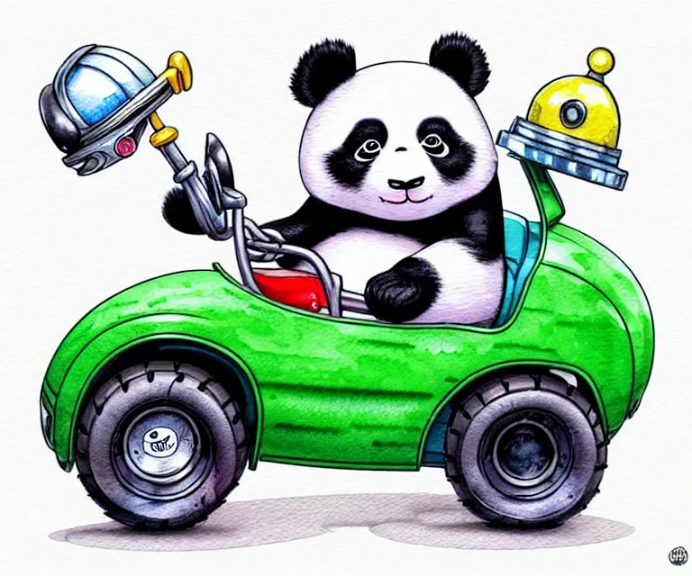 Image similar to cute and funny, panda wearing a helmet riding in a tiny fourwheeler with oversized engine, ratfink style by ed roth, centered award winning watercolor pen illustration, isometric illustration by chihiro iwasaki, edited by range murata, tiny details by artgerm, symmetrically isometrically centered