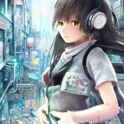 Image similar to dynamic composition, motion, ultra-detailed, incredibly detailed, a lot of details, amazing fine details and brush strokes, colorful and grayish palette, smooth, HD semirealistic anime CG concept art digital painting, watercolor oil painting of Clean and detailed post-cyberpunk sci-fi close-up schoolgirl in asian city in style of cytus and deemo, blue flame, relaxing, calm and mysterious vibes,, by a Chinese artist at ArtStation, by Huang Guangjian, Fenghua Zhong, Ruan Jia, Xin Jin and Wei Chang. Realistic artwork of a Chinese videogame, gradients, gentle an harmonic grayish colors. set in half-life 2, Matrix, GITS, Blade Runner, Neotokyo Source, Syndicate(2012), dynamic composition, beautiful with eerie vibes, very inspirational, very stylish, with gradients, surrealistic, dystopia, postapocalyptic vibes, depth of field, mist, rich cinematic atmosphere, perfect digital art, mystical journey in strange world