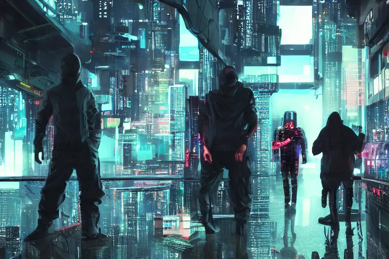 Prompt: cyberpunk hackers in high tech compound by Emmanuel Lubezki