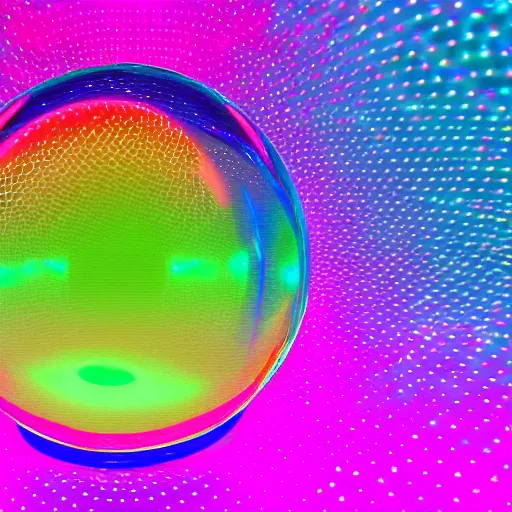 Prompt: a soap bubble with multicolored lights on it, a hologram by fred a. precht, polycount, holography, quantum wavetracing, ray tracing, holographic